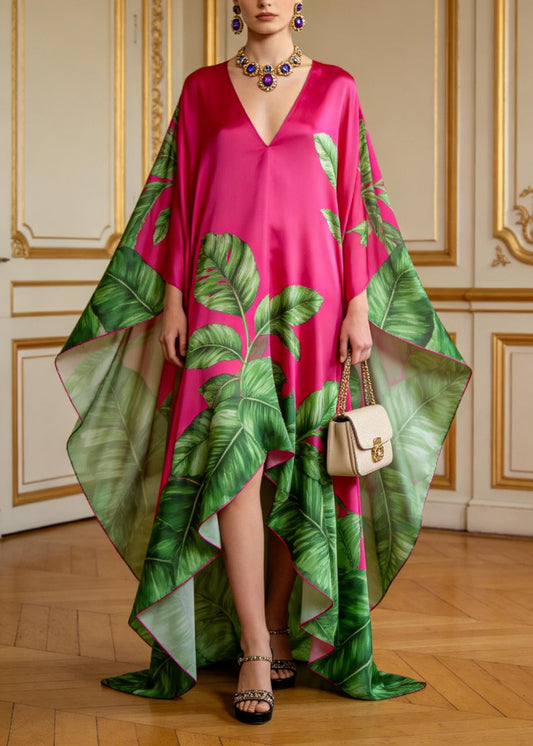 Plus Size V Neck Asymmetrical Design Print Chiffon Dresses Summer