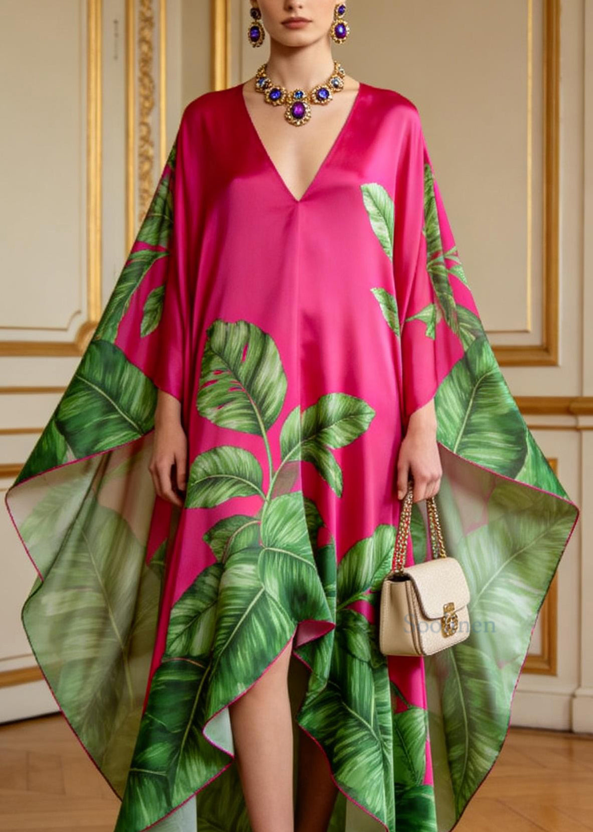 Plus Size V Neck Asymmetrical Design Print Chiffon Dresses Summer