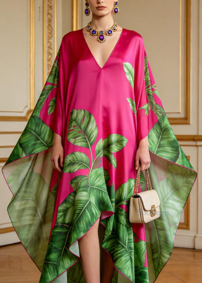 Plus Size V Neck Asymmetrical Design Print Chiffon Dresses Summer