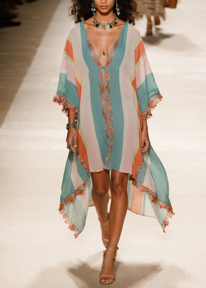 Plus Size V Neck Asymmetrical Patchwork Cotton Dress Summer