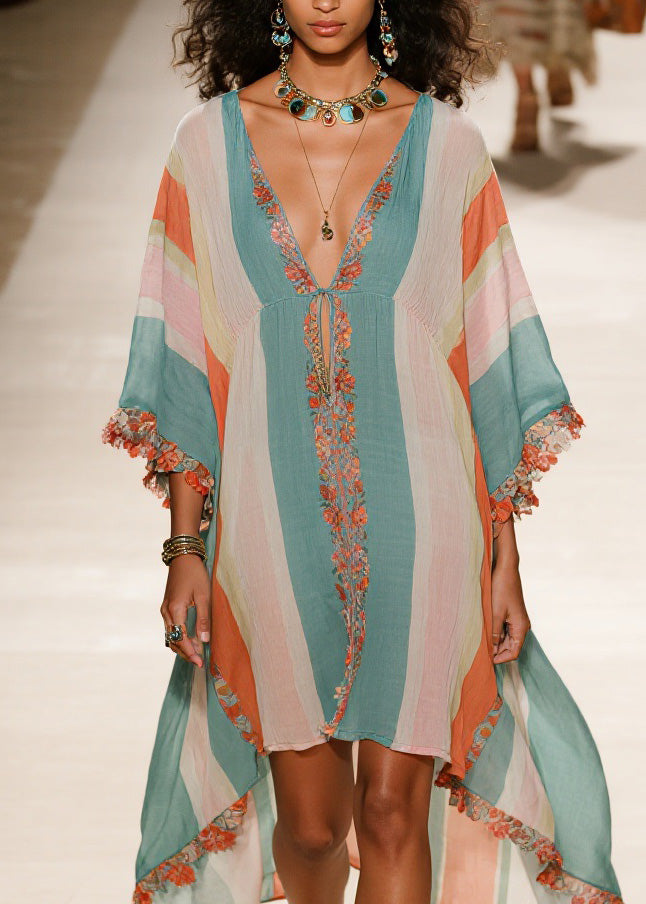 Plus Size V Neck Asymmetrical Patchwork Cotton Dress Summer