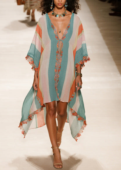 Plus Size V Neck Asymmetrical Patchwork Cotton Dress Summer