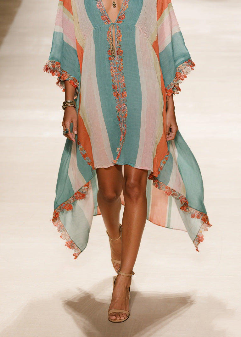 Plus Size V Neck Asymmetrical Patchwork Cotton Dress Summer