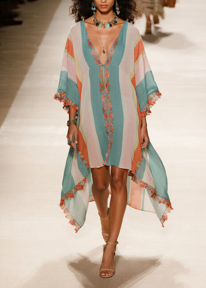 Plus Size V Neck Asymmetrical Patchwork Cotton Dress Summer