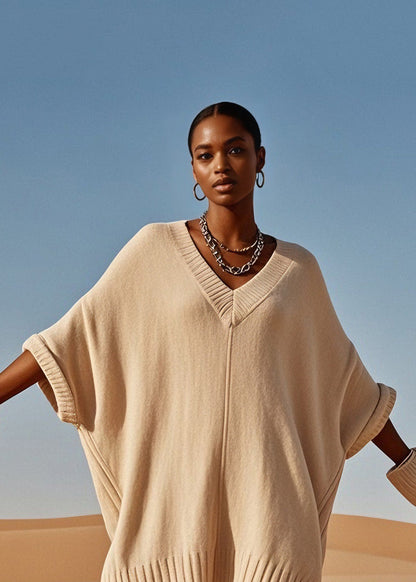 Plus Size V Neck Mid Knit Sweater Dress Batwing Sleeve