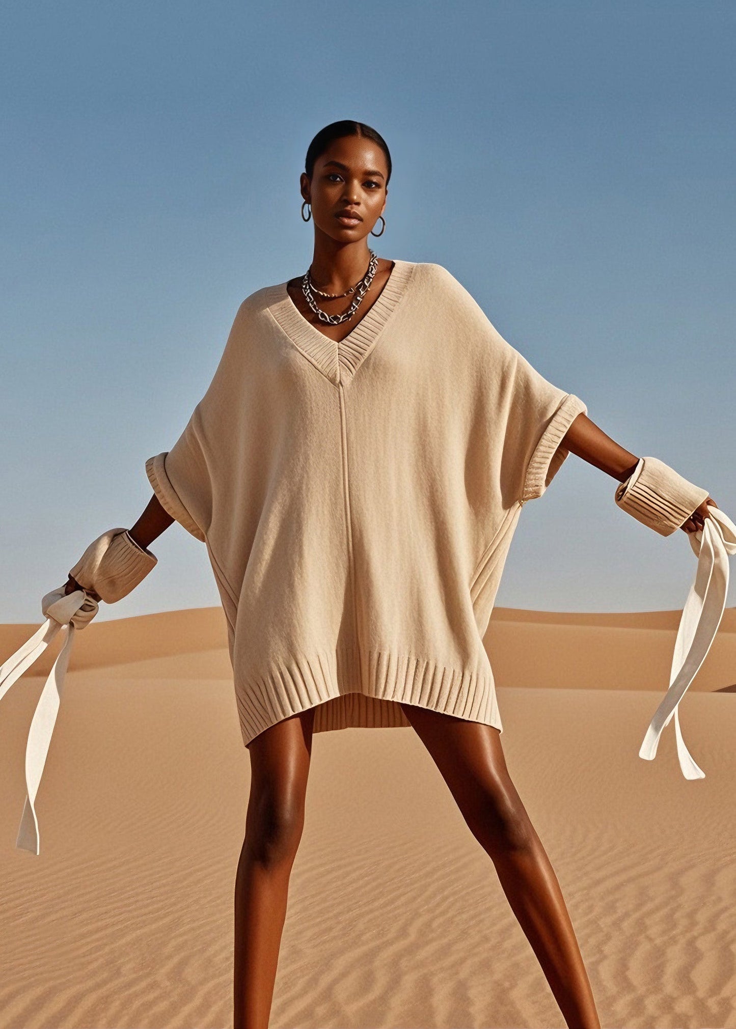 Plus Size V Neck Mid Knit Sweater Dress Batwing Sleeve