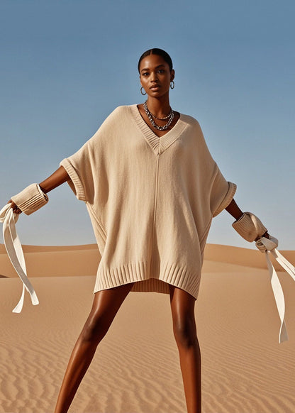 Plus Size V Neck Mid Knit Sweater Dress Batwing Sleeve