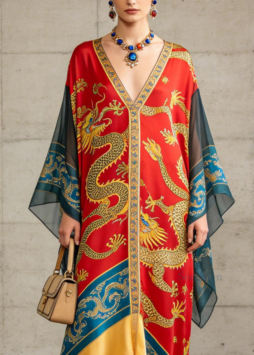 Plus Size V Neck Oriental Print Chiffon Ankle Dress Summer