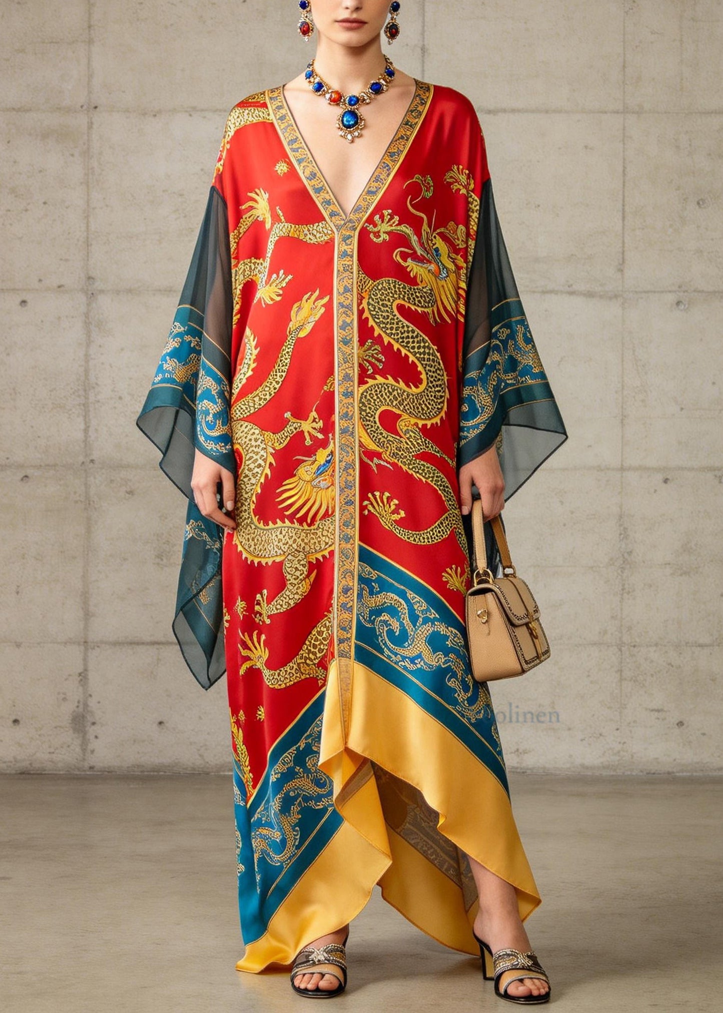 Plus Size V Neck Oriental Print Chiffon Ankle Dress Summer