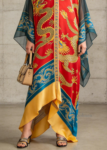 Plus Size V Neck Oriental Print Chiffon Ankle Dress Summer