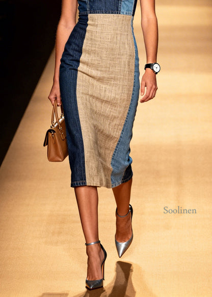 Plus Size V Neck Patchwork Denim Spaghetti Strap Dress Sleeveless
