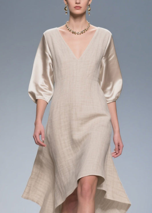Plus Size V Neck Patchwork Linen Silk Dress Summer