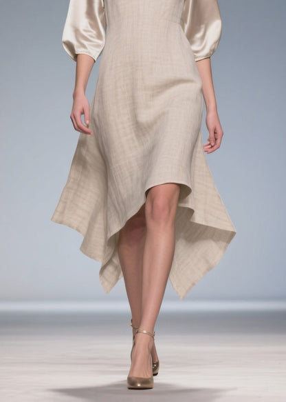 Plus Size V Neck Patchwork Linen Silk Dress Summer