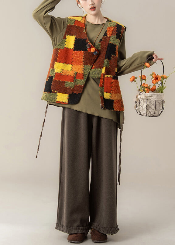 Plus Size V Neck Patchwork Waistcoat ,Top And Pants Three Pieces Set Spring