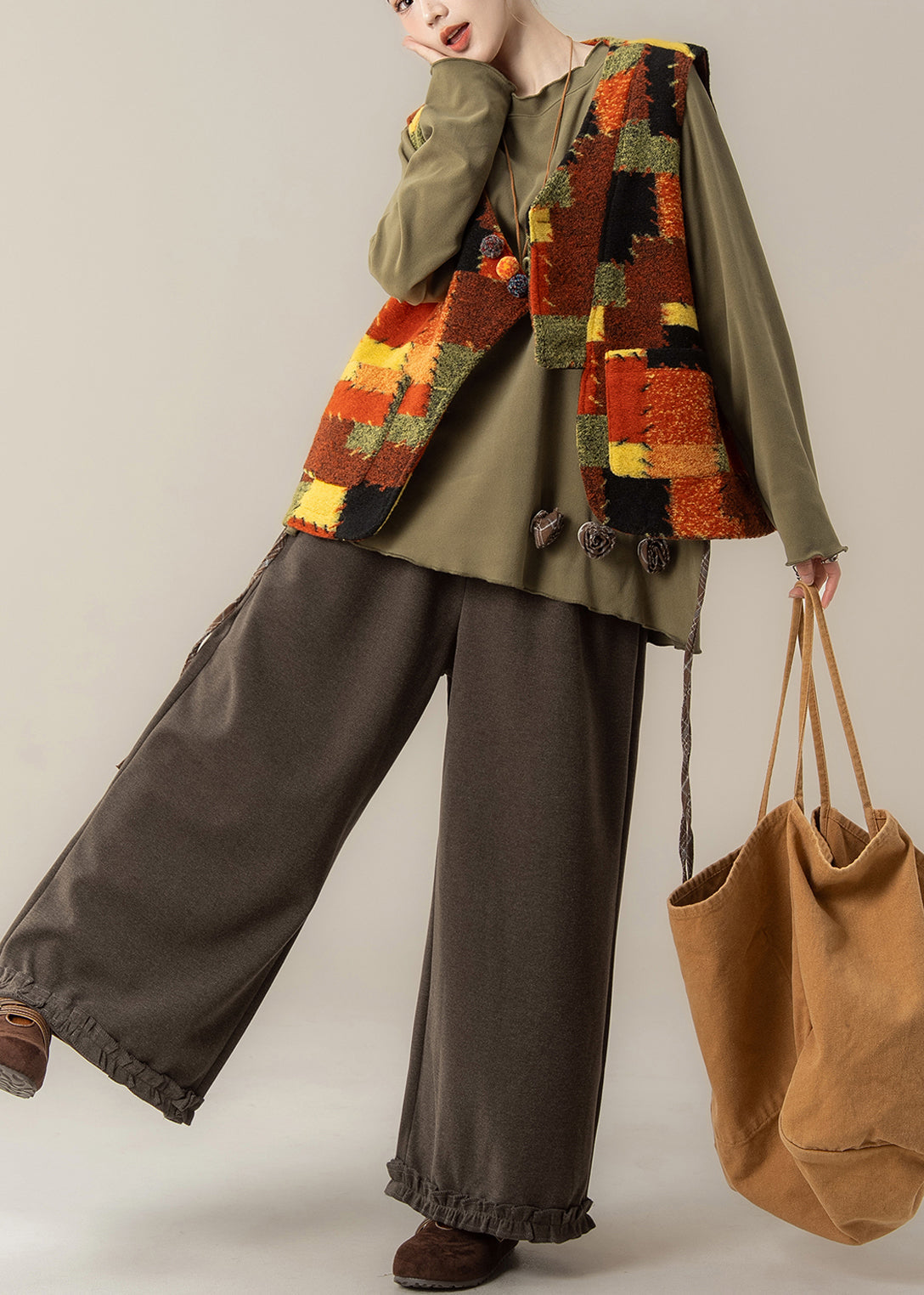 Plus Size V Neck Patchwork Waistcoat ,Top And Pants Three Pieces Set Spring