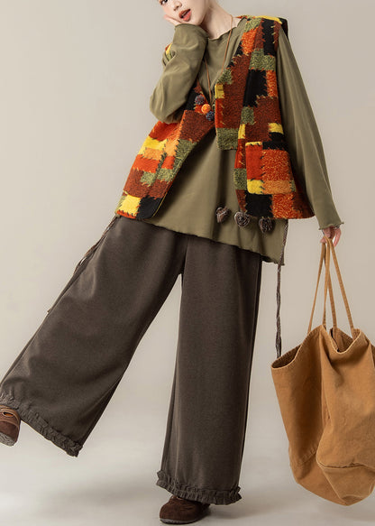 Plus Size V Neck Patchwork Waistcoat ,Top And Pants Three Pieces Set Spring