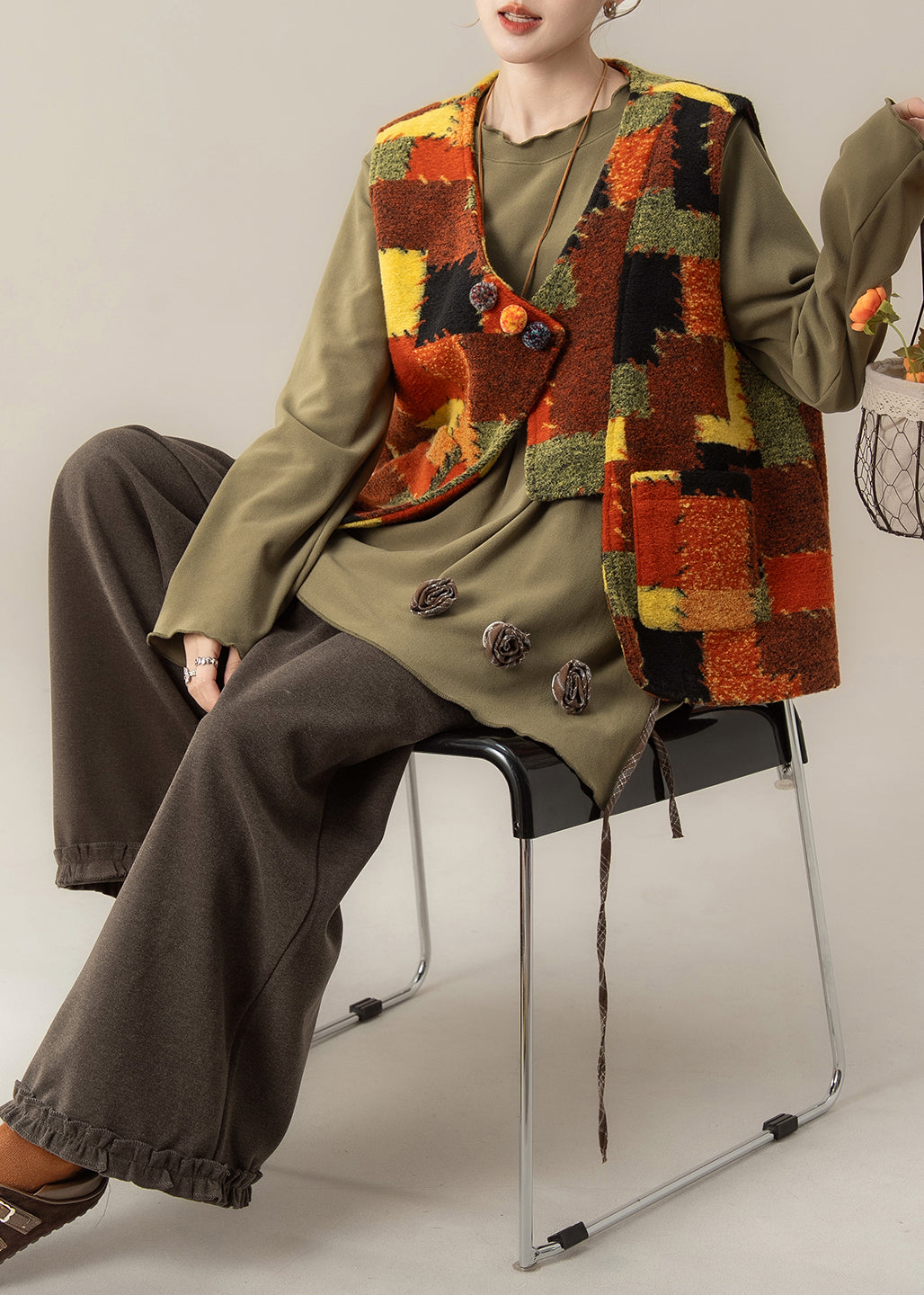 Plus Size V Neck Patchwork Waistcoat ,Top And Pants Three Pieces Set Spring