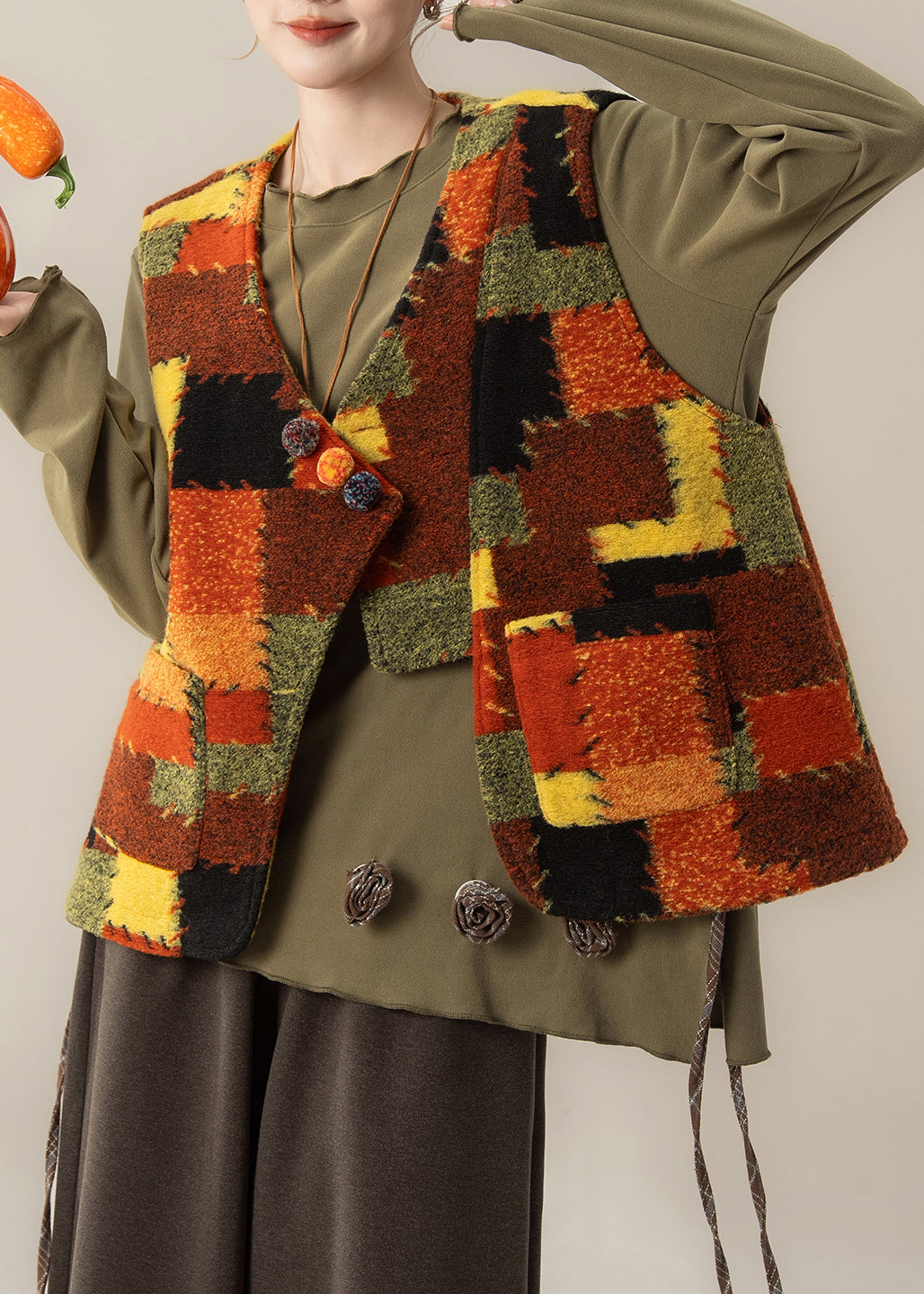 Plus Size V Neck Patchwork Waistcoat ,Top And Pants Three Pieces Set Spring