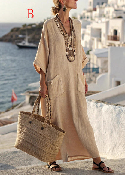 Plus Size V Neck Pockets Patchwork Cotton Dresses Summer