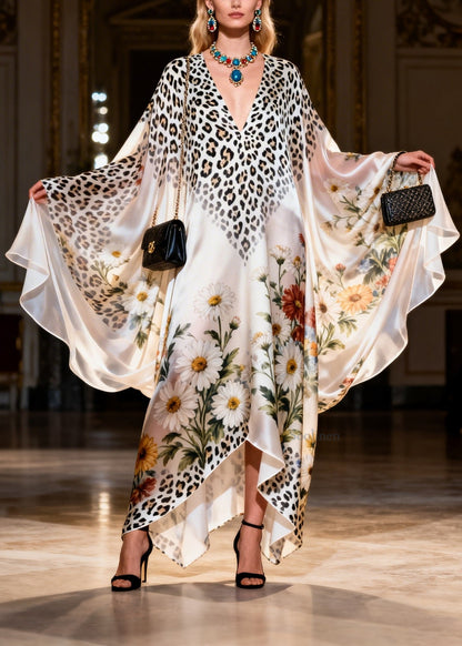 Plus Size V Neck Print Chiffon Long Dress Batwing Sleeve