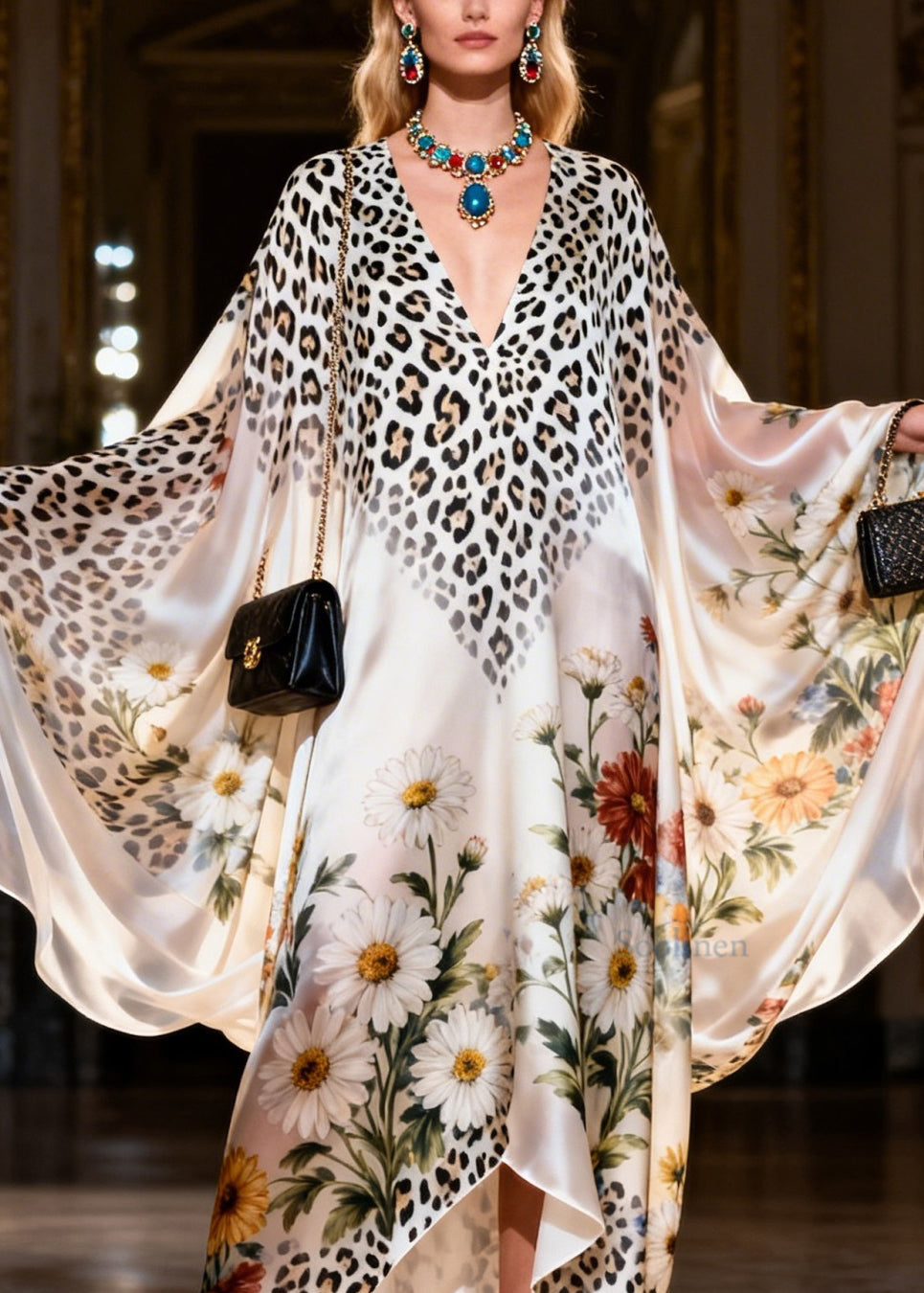 Plus Size V Neck Print Chiffon Long Dress Batwing Sleeve