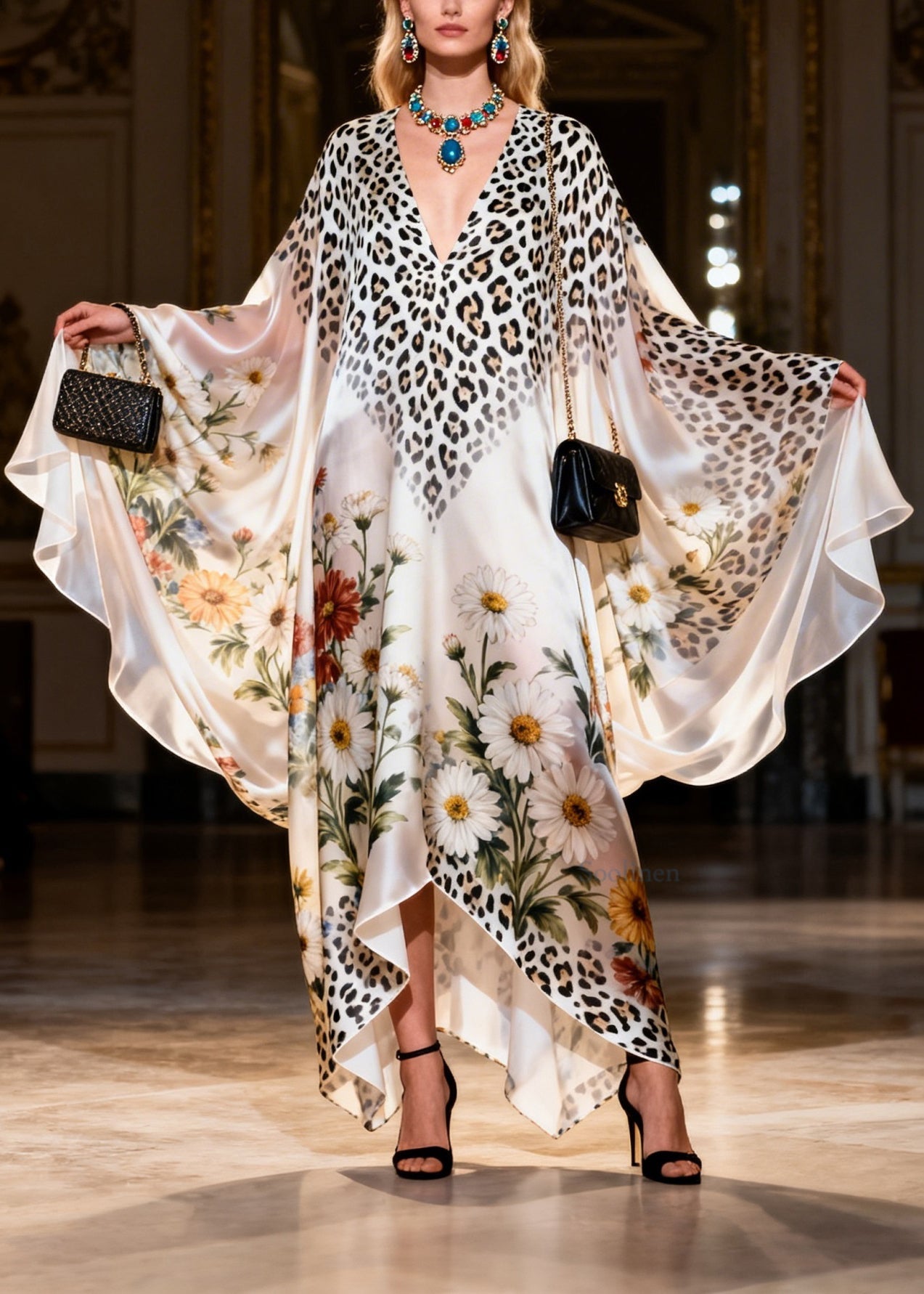 Plus Size V Neck Print Chiffon Long Dress Batwing Sleeve
