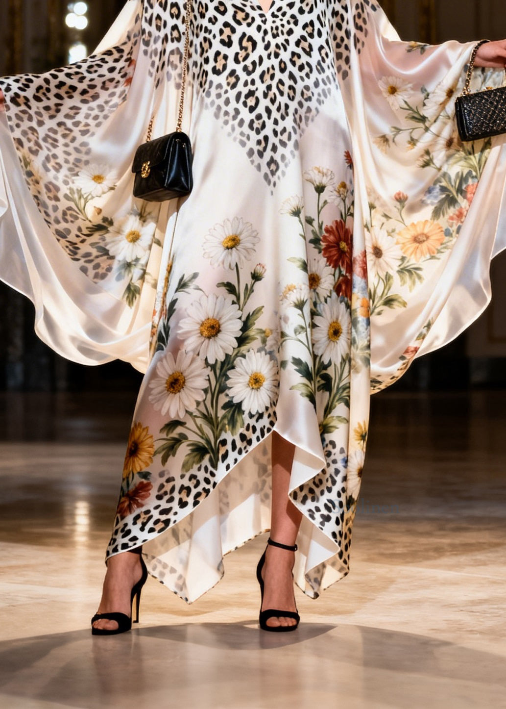 Plus Size V Neck Print Chiffon Long Dress Batwing Sleeve