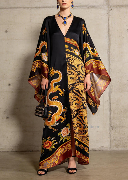 Plus Size V Neck Print Chiffon Long Dresses Batwing Sleeve