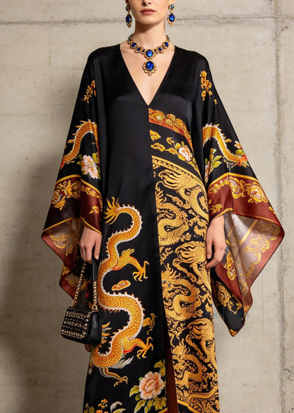 Plus Size V Neck Print Chiffon Long Dresses Batwing Sleeve