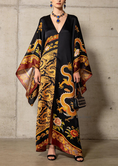 Plus Size V Neck Print Chiffon Long Dresses Batwing Sleeve
