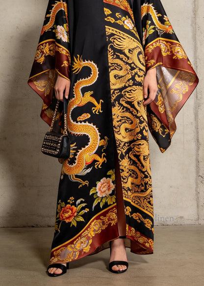 Plus Size V Neck Print Chiffon Long Dresses Batwing Sleeve
