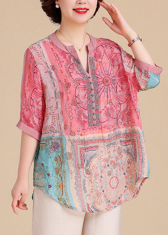 Plus Size V Neck Print Cotton Blouse Tops Summer