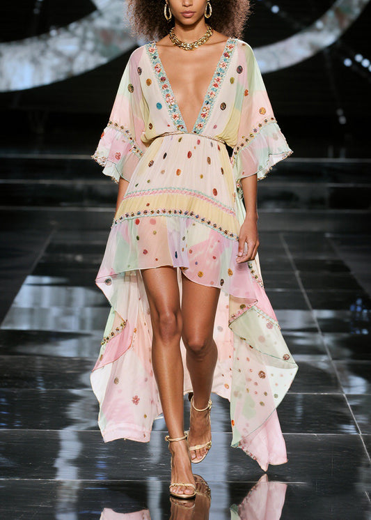 Plus Size V Neck Print Low High Design Chiffon Dresses Summer