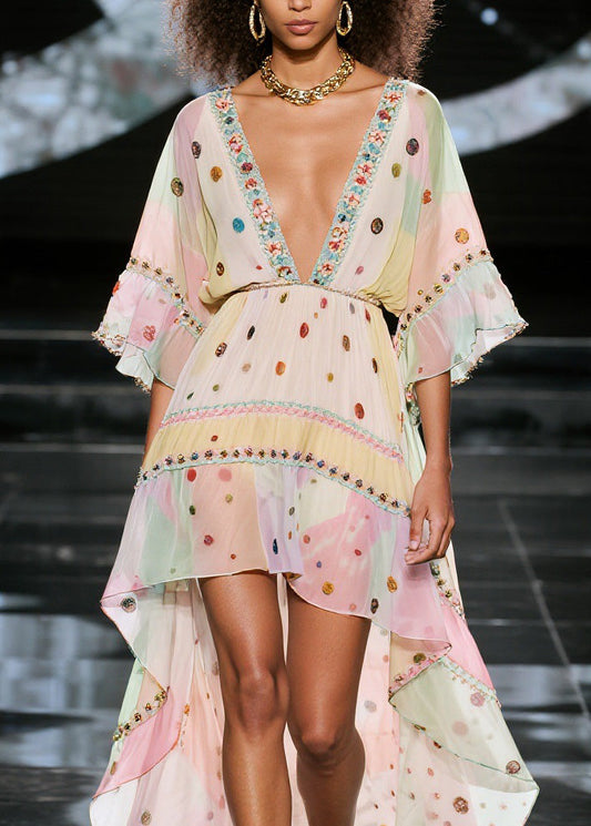 Plus Size V Neck Print Low High Design Chiffon Dresses Summer