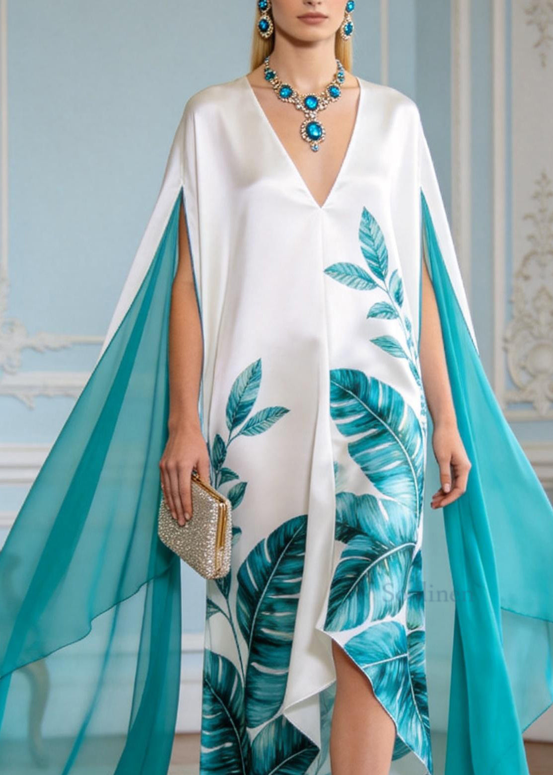 Plus Size V Neck Print Patchwork Chiffon Robe Dresses Summer