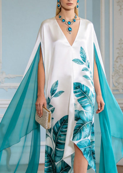 Plus Size V Neck Print Patchwork Chiffon Robe Dresses Summer