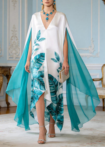 Plus Size V Neck Print Patchwork Chiffon Robe Dresses Summer