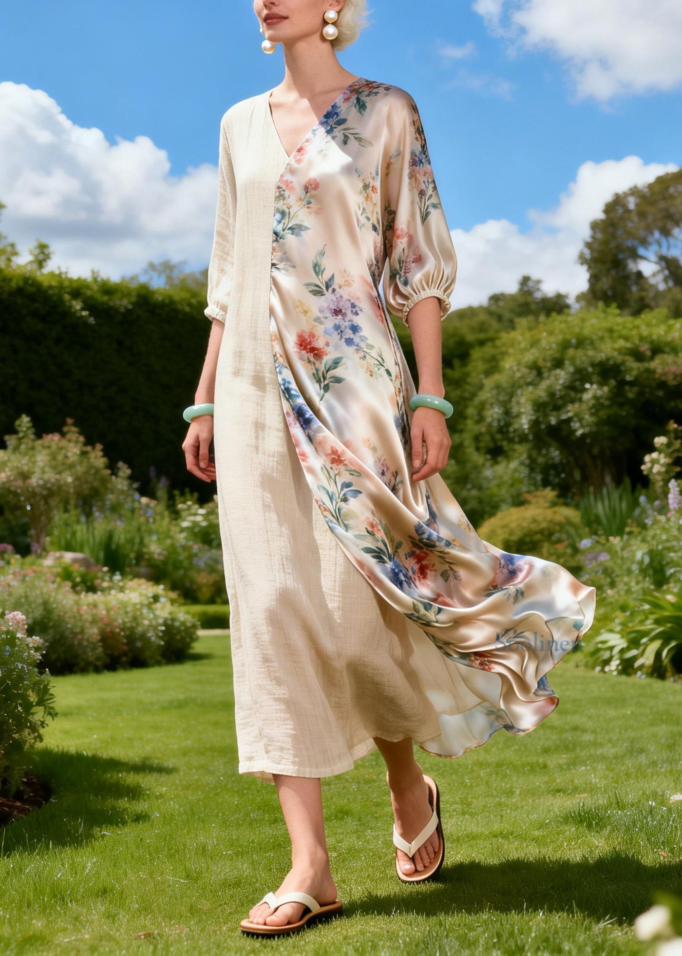 Plus Size V Neck Print Patchwork Linen Silk Long Dresses Summer