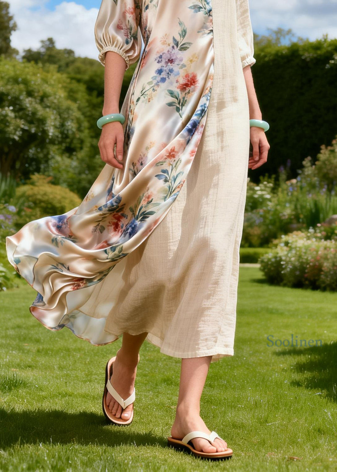 Plus Size V Neck Print Patchwork Linen Silk Long Dresses Summer