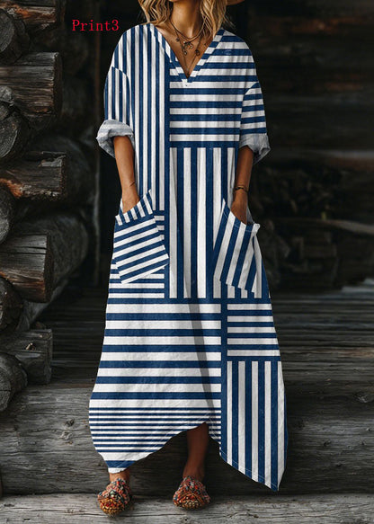 Plus Size V Neck Print Pockets Cotton Long Dress Summer
