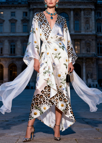 Plus Size V Neck Print Tie Waist Silk Maxi Dresses Summer