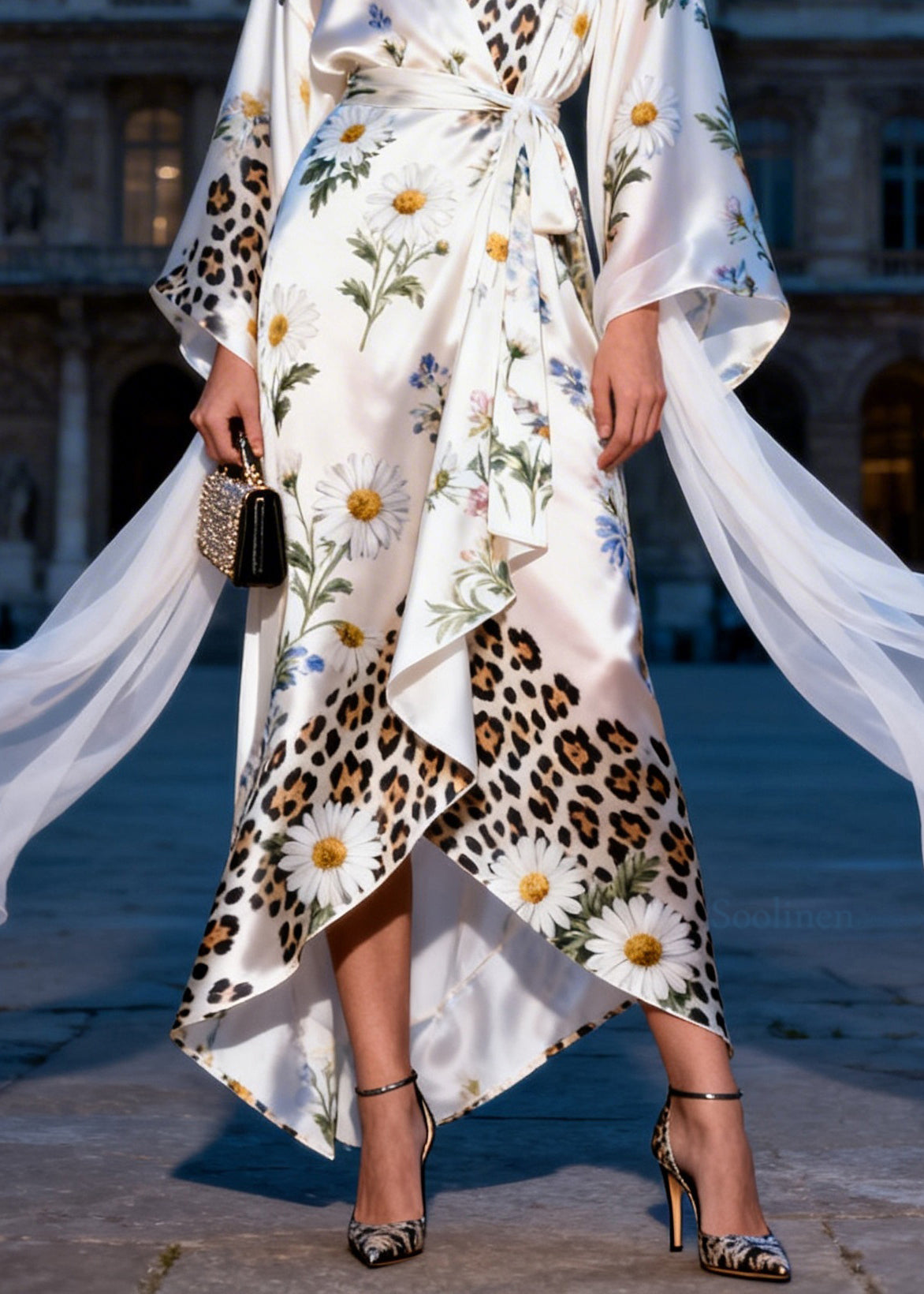 Plus Size V Neck Print Tie Waist Silk Maxi Dresses Summer