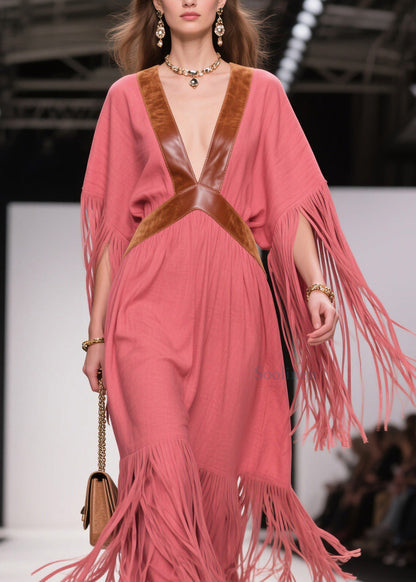 Plus Size V Neck Tassel Patchwork Cotton Dress Summer