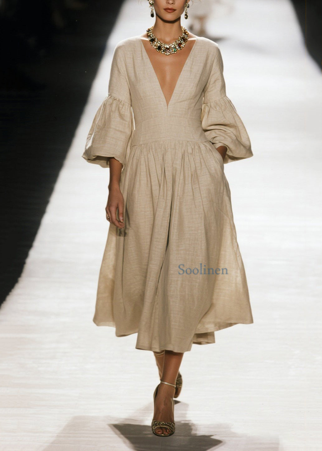 Vestido de algodón con cuello en V y parches arrugados de talla grande para primavera