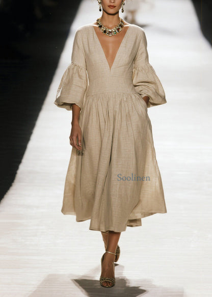 Vestido de algodón con cuello en V y parches arrugados de talla grande para primavera