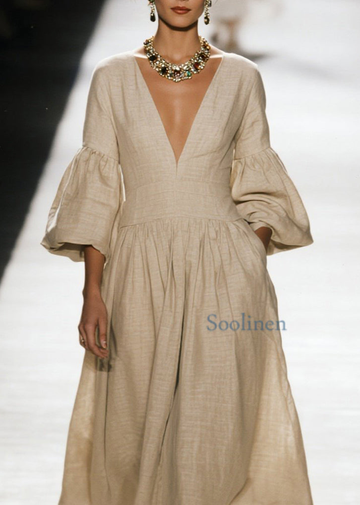 Vestido de algodón con cuello en V y parches arrugados de talla grande para primavera