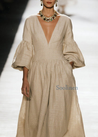 Vestido de algodón con cuello en V y parches arrugados de talla grande para primavera