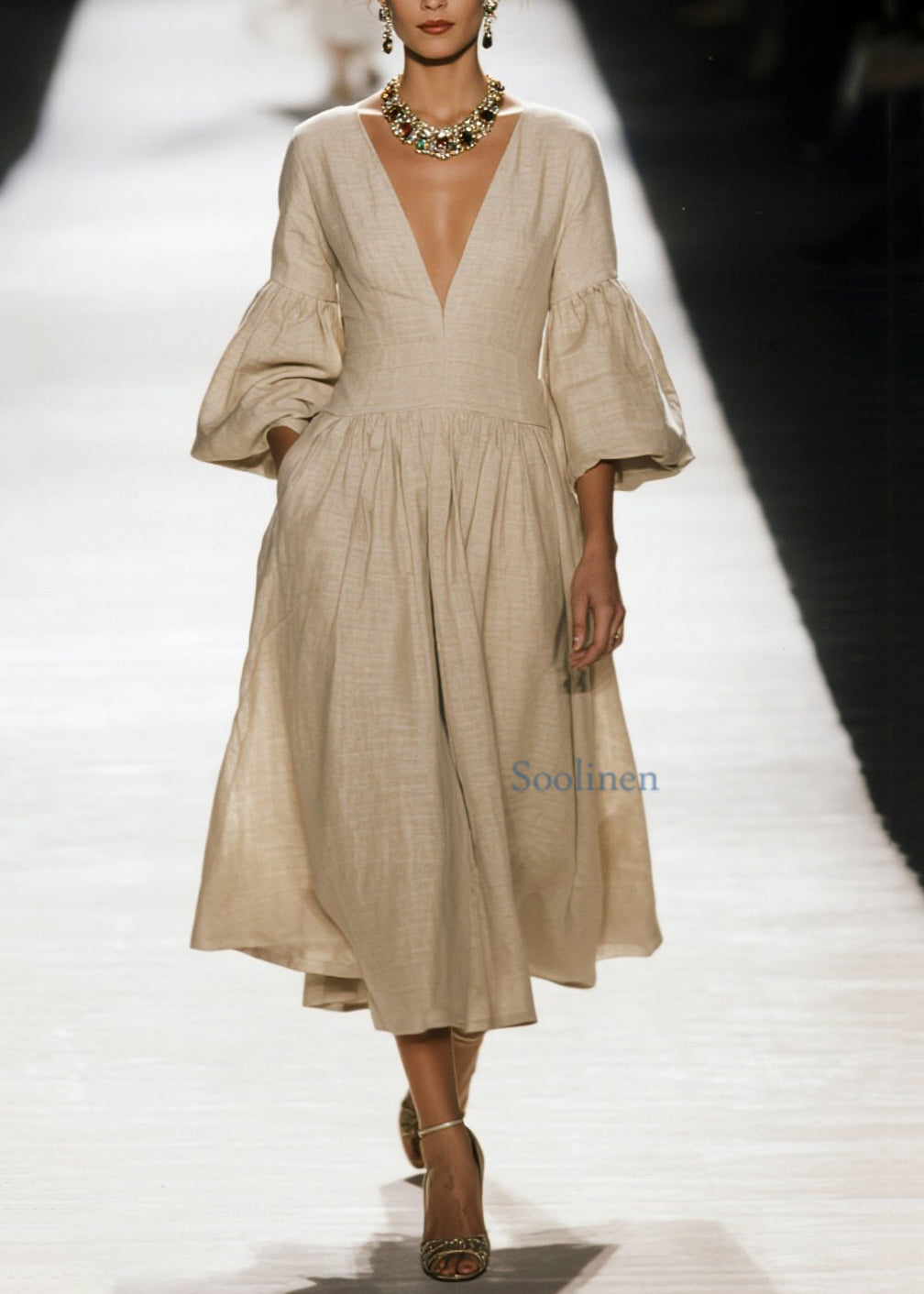 Vestido de algodón con cuello en V y parches arrugados de talla grande para primavera