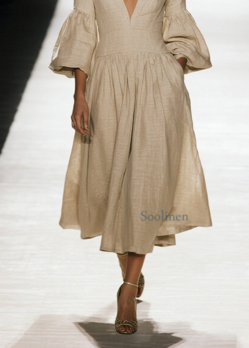 Vestido de algodón con cuello en V y parches arrugados de talla grande para primavera