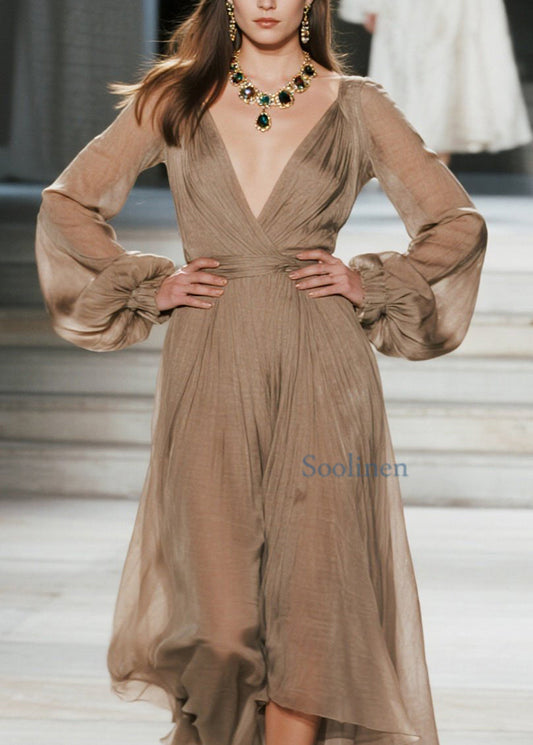 Plus Size V-Ausschnitt Knitter-Patchwork-Maxikleider aus Baumwolle Frühling